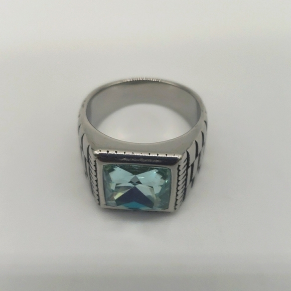 2011- Aqua Cubic Zirconia Handmade Men's Ring Size 11 1/2 NWT - Picture 3 of 8